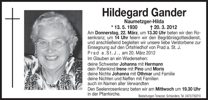  Traueranzeige für Hildegard Gander vom 21.03.2012 aus Dolomiten