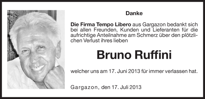  Traueranzeige für Bruno Ruffini vom 17.07.2013 aus Dolomiten