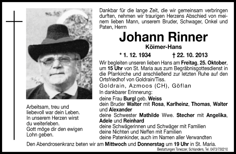  Traueranzeige für Johann Rinner vom 23.10.2013 aus Dolomiten
