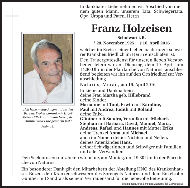  Traueranzeige für Franz Holzeisen vom 18.04.2016 aus Dolomiten