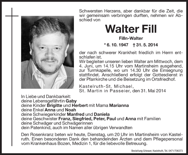  Traueranzeige für Walter Fill vom 03.06.2014 aus Dolomiten