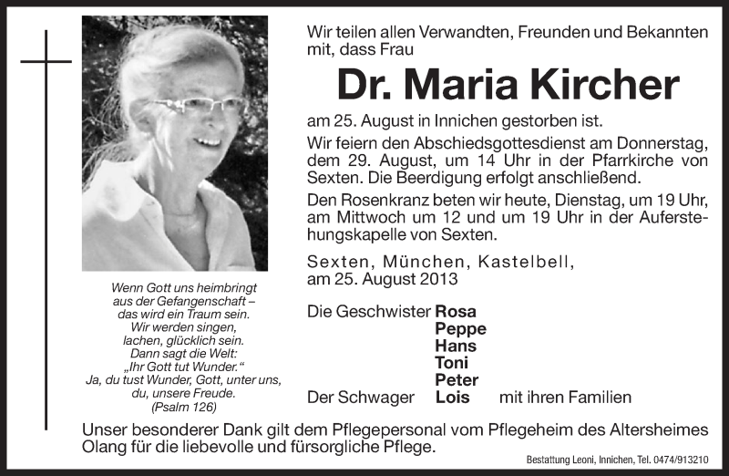  Traueranzeige für Maria Kircher vom 27.08.2013 aus Dolomiten