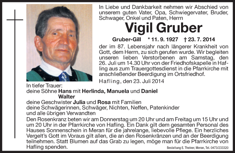  Traueranzeige für Vigil Gruber vom 24.07.2014 aus Dolomiten