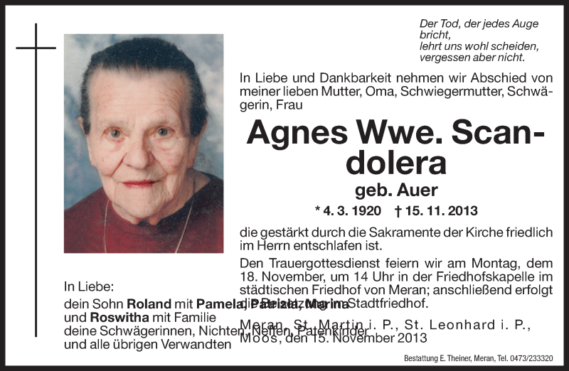  Traueranzeige für Agnes Scandolera vom 16.11.2013 aus Dolomiten