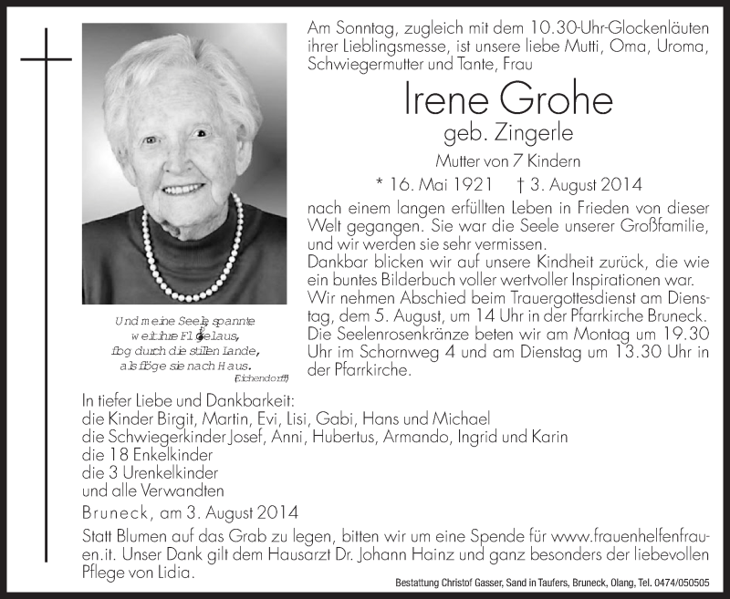  Traueranzeige für Irene Grohe vom 04.08.2014 aus Dolomiten