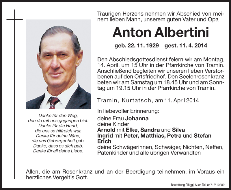  Traueranzeige für Anton Albertini vom 12.04.2014 aus Dolomiten