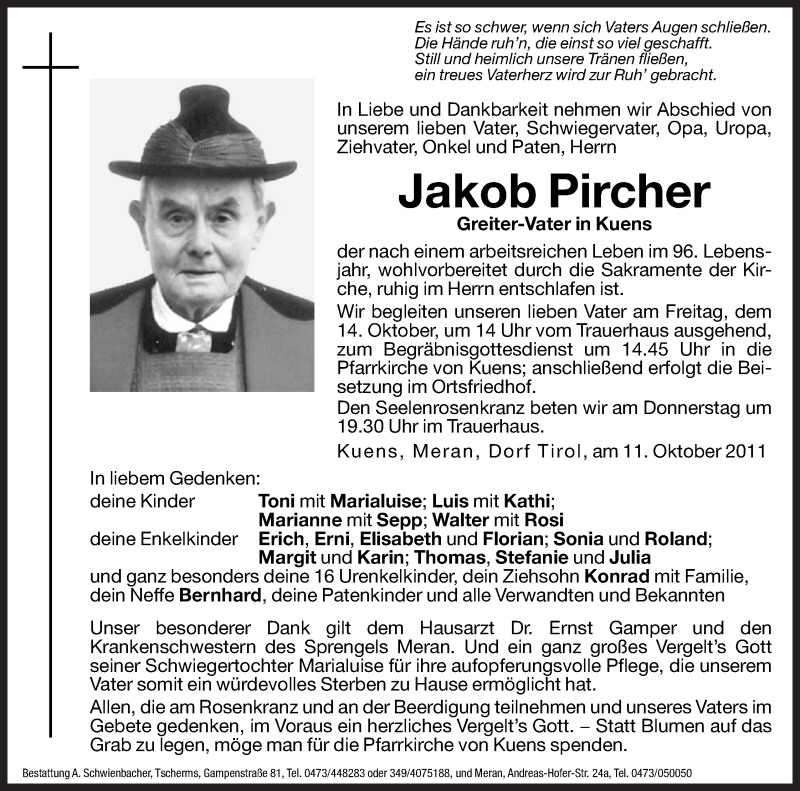  Traueranzeige für Jakob Pircher vom 13.10.2011 aus Dolomiten