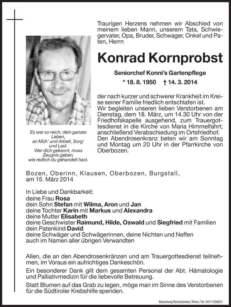  Traueranzeige für Konrad Kornprobst vom 15.03.2014 aus Dolomiten