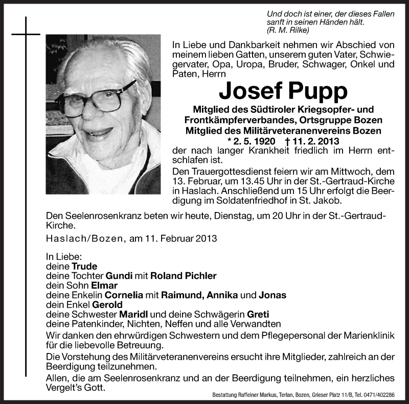  Traueranzeige für Josef Pupp vom 12.02.2013 aus Dolomiten