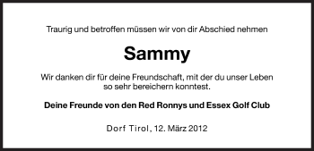 Traueranzeige von Sammy  von Dolomiten