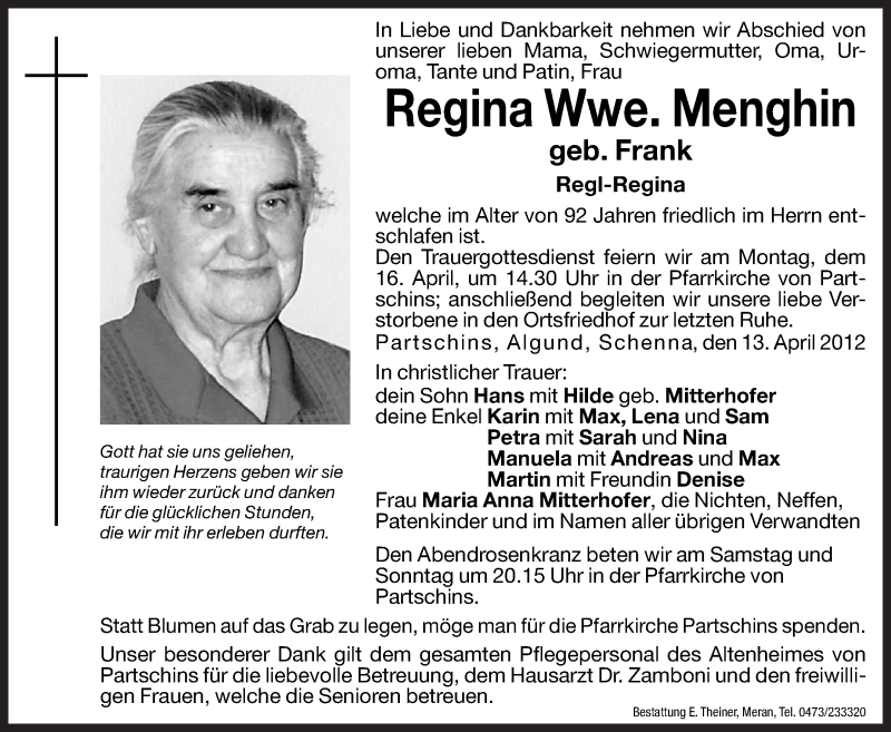  Traueranzeige für Regina Menghin vom 14.04.2012 aus Dolomiten