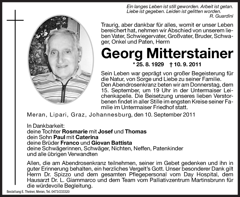  Traueranzeige für Georg Mitterstainer vom 14.09.2011 aus Dolomiten