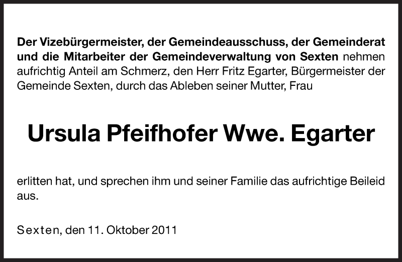  Traueranzeige für Ursula Egarter vom 12.10.2011 aus Dolomiten