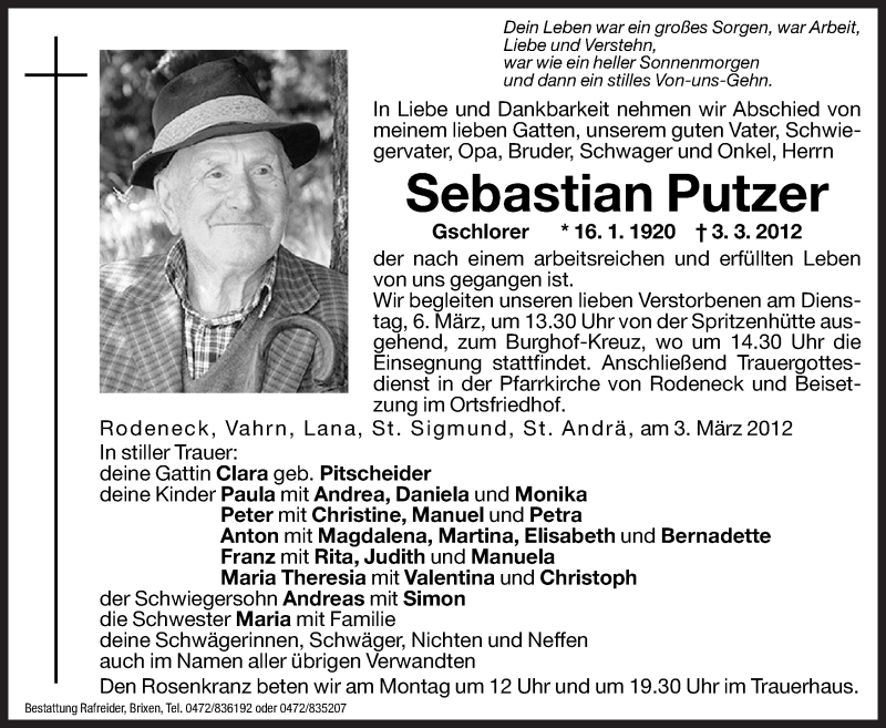  Traueranzeige für Sebastian Putzer vom 05.03.2012 aus Dolomiten