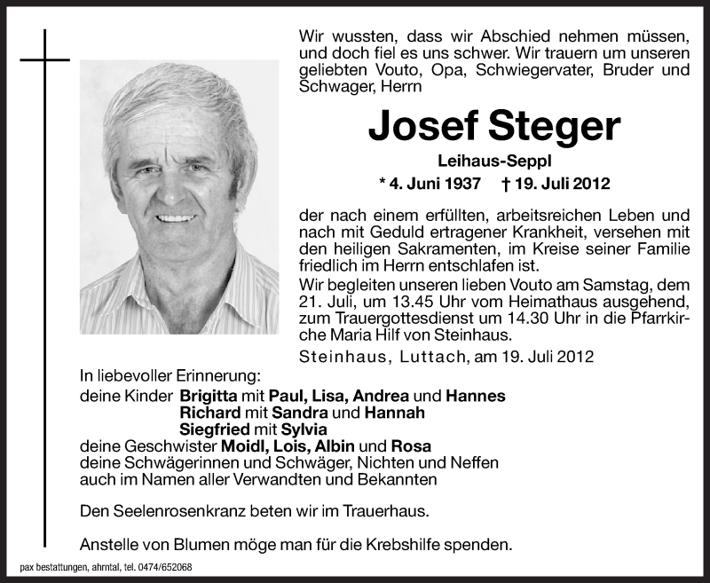  Traueranzeige für Josef Steger vom 20.07.2012 aus Dolomiten