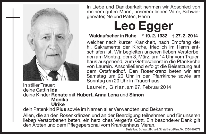  Traueranzeige für Leo Egger vom 01.03.2014 aus Dolomiten