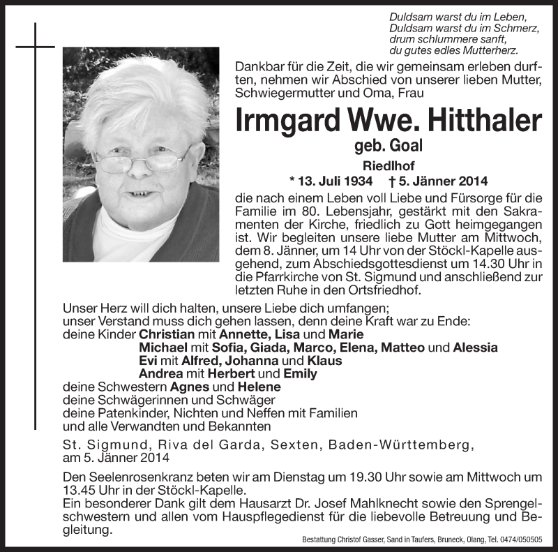  Traueranzeige für Irmgard Hitthaler vom 07.01.2014 aus Dolomiten