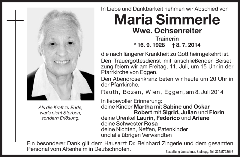  Traueranzeige für Maria Simmerle vom 10.07.2014 aus Dolomiten