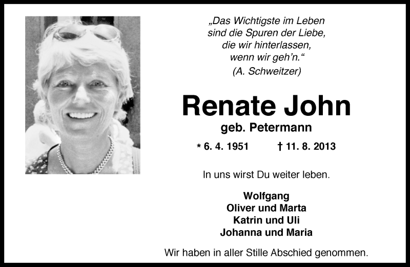  Traueranzeige für Renate John vom 17.08.2013 aus Dolomiten