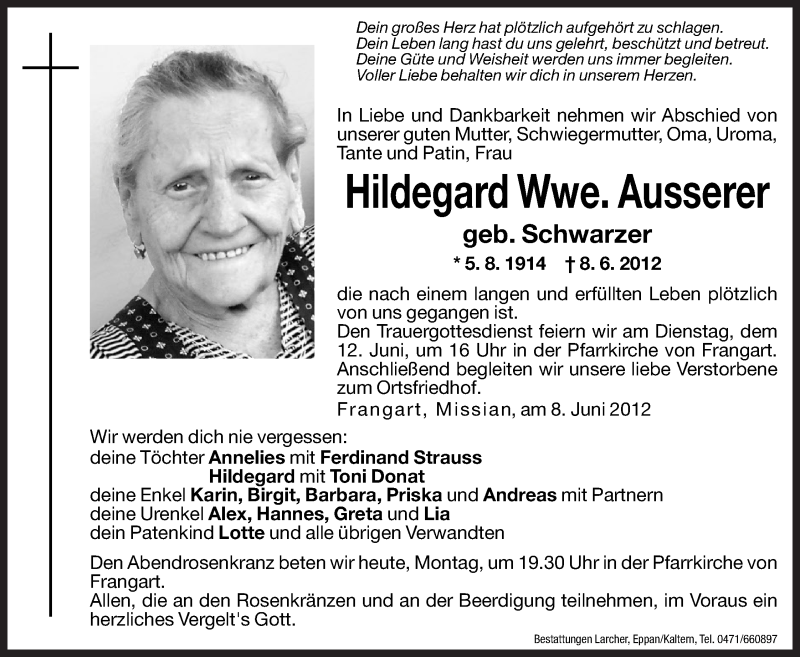  Traueranzeige für Hildegard Ausserer vom 11.06.2012 aus Dolomiten