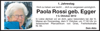 Traueranzeige von Paola Rossi von Dolomiten