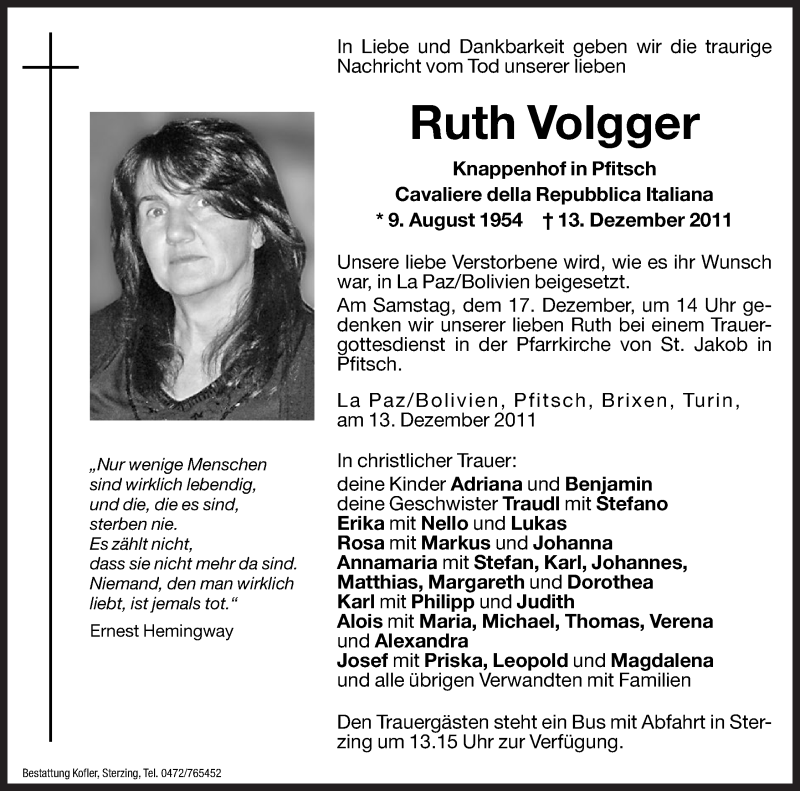  Traueranzeige für Ruth Volgger vom 16.12.2011 aus Dolomiten