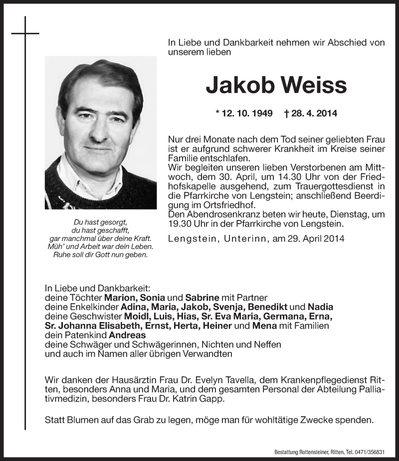  Traueranzeige für Jakob Weiss vom 29.04.2014 aus Dolomiten