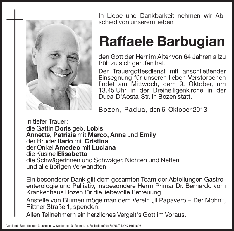  Traueranzeige für Raffaele Barbugian vom 08.10.2013 aus Dolomiten