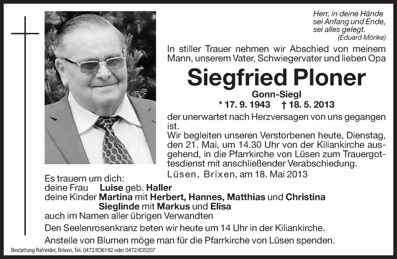  Traueranzeige für Siegfried Ploner vom 21.05.2013 aus Dolomiten