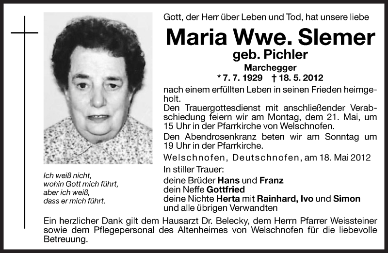  Traueranzeige für Maria Slemer vom 19.05.2012 aus Dolomiten