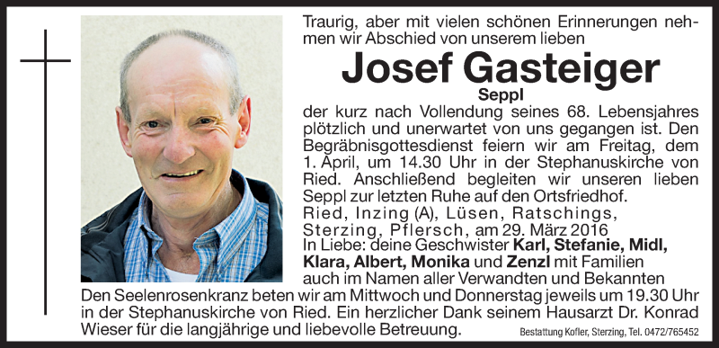  Traueranzeige für Josef Gasteiger vom 30.03.2016 aus Dolomiten