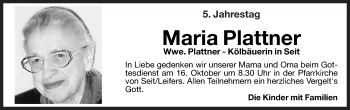 Traueranzeige von Maria Plattner von Dolomiten