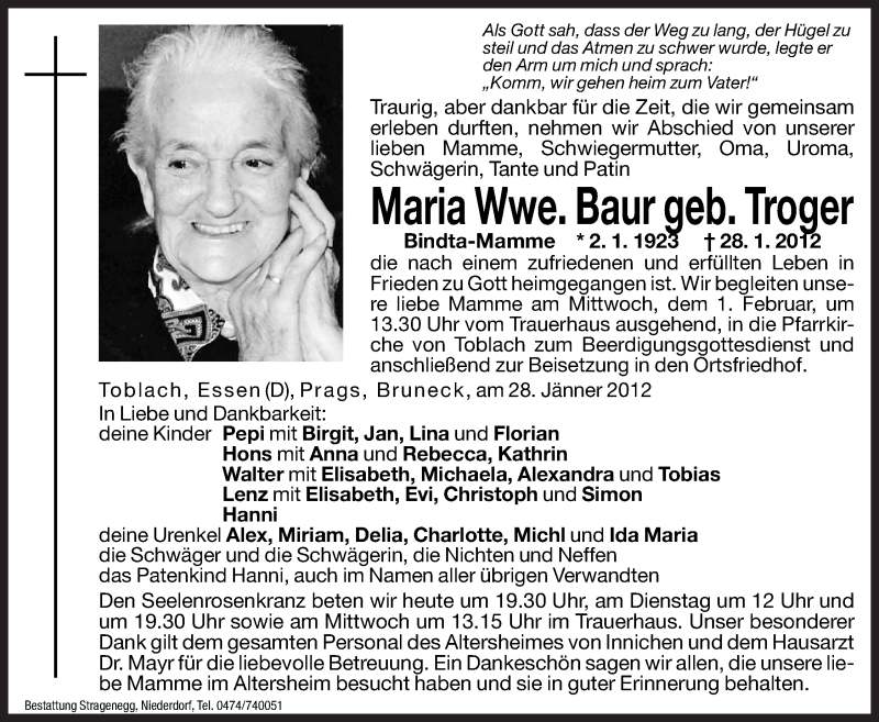  Traueranzeige für Maria Baur vom 30.01.2012 aus Dolomiten