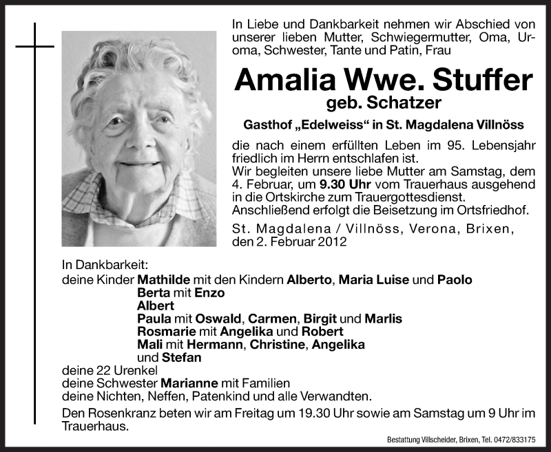  Traueranzeige für Amalia Stuffer vom 03.02.2012 aus Dolomiten