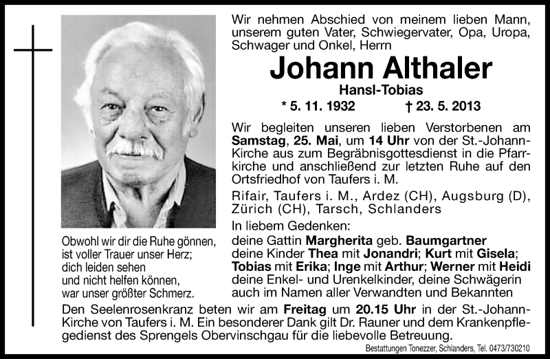  Traueranzeige für Johann Althaler vom 24.05.2013 aus Dolomiten