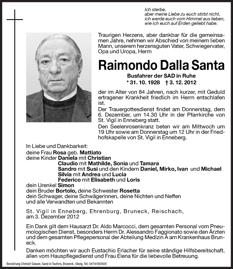  Traueranzeige für Raimondo Dalla Santa vom 05.12.2012 aus Dolomiten