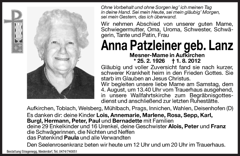  Traueranzeige für Anna Patzleiner vom 03.08.2012 aus Dolomiten