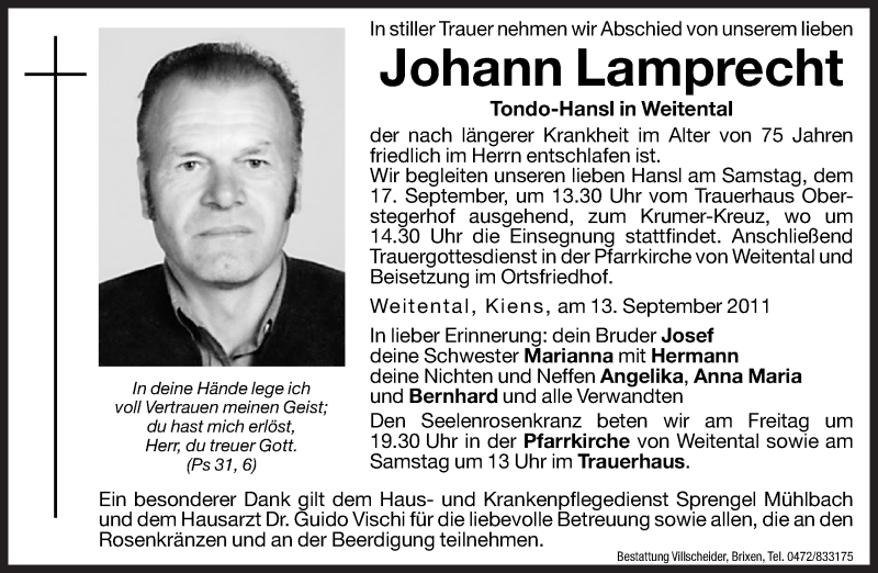  Traueranzeige für Johann Lamprecht vom 16.09.2011 aus Dolomiten