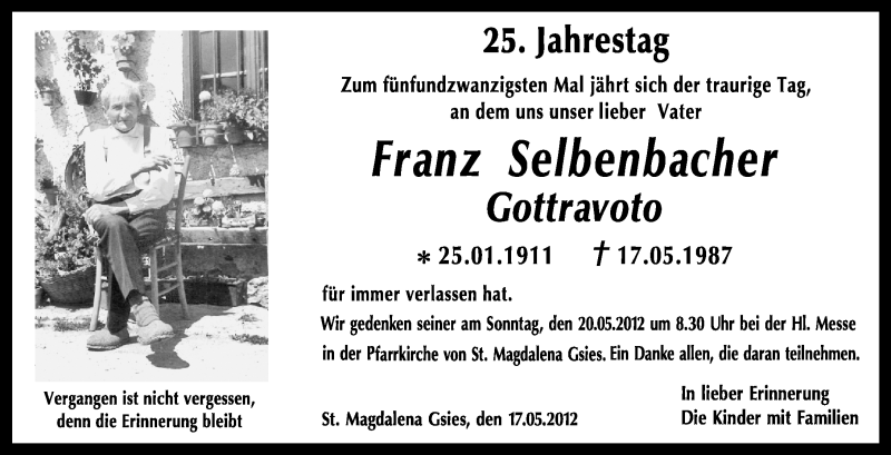  Traueranzeige für Franz Selbenbacher vom 17.05.2012 aus Dolomiten