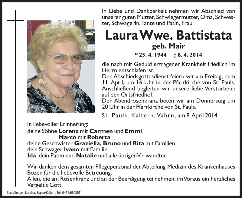  Traueranzeige für Laura Battistata vom 09.04.2014 aus Dolomiten