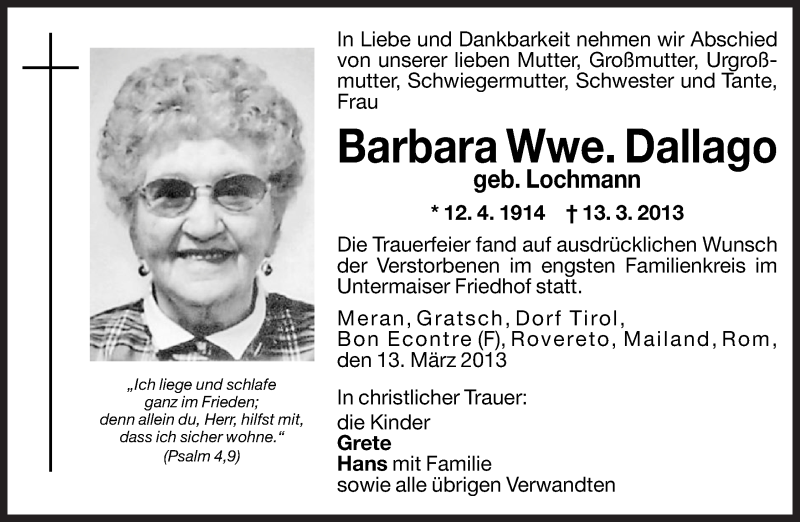  Traueranzeige für Barbara Dallago vom 20.03.2013 aus Dolomiten