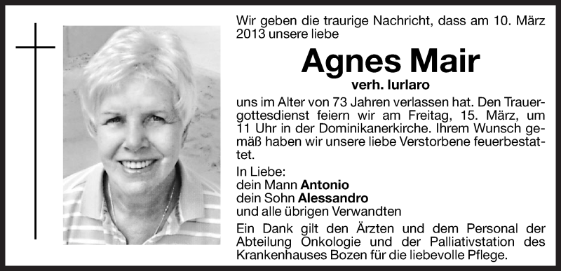  Traueranzeige für Agnes Lurlaro vom 13.03.2013 aus Dolomiten