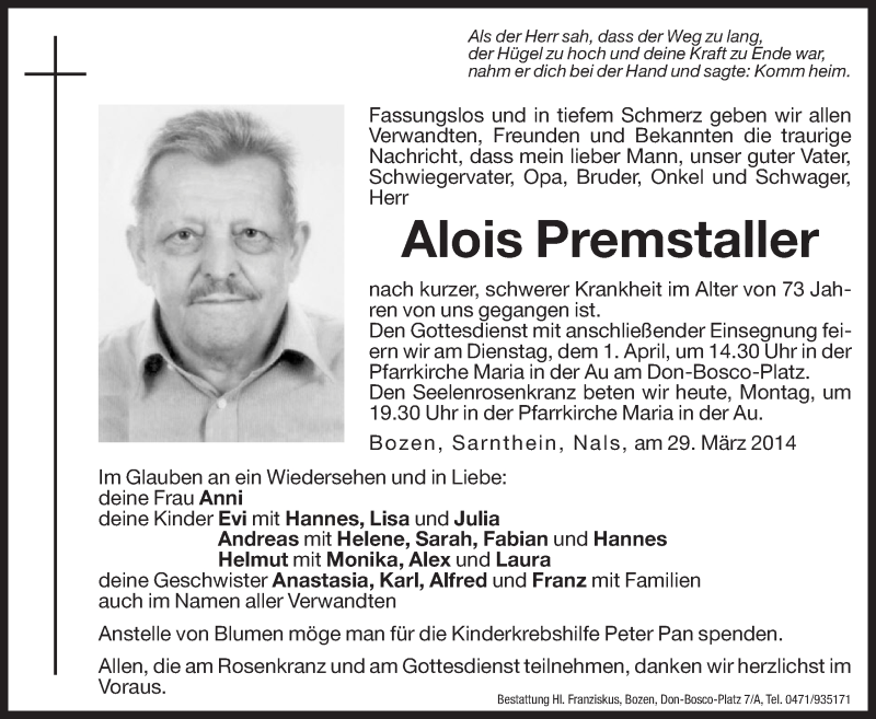  Traueranzeige für Alois Premstaller vom 31.03.2014 aus Dolomiten