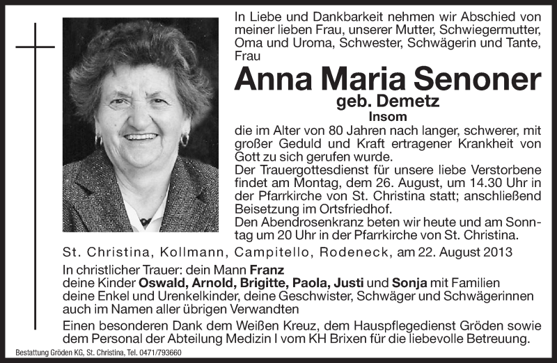  Traueranzeige für Anna Maria Senoner vom 24.08.2013 aus Dolomiten