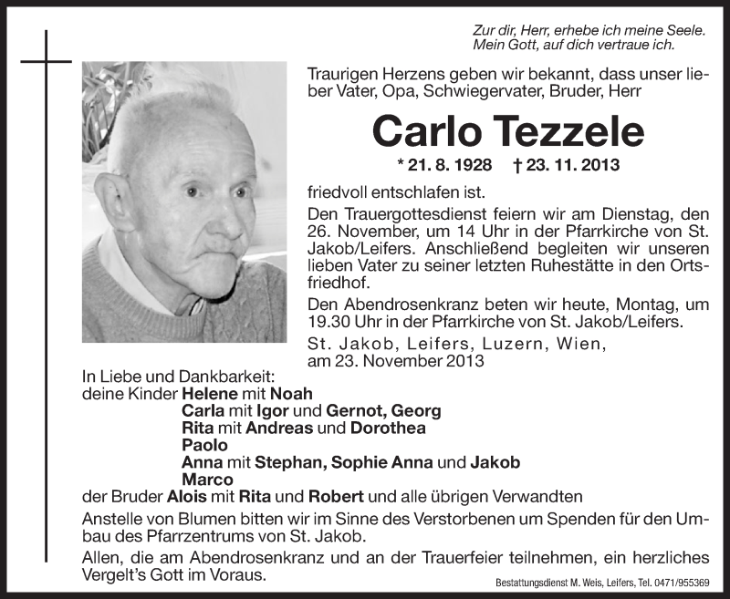  Traueranzeige für Carlo Tezzele vom 25.11.2013 aus Dolomiten