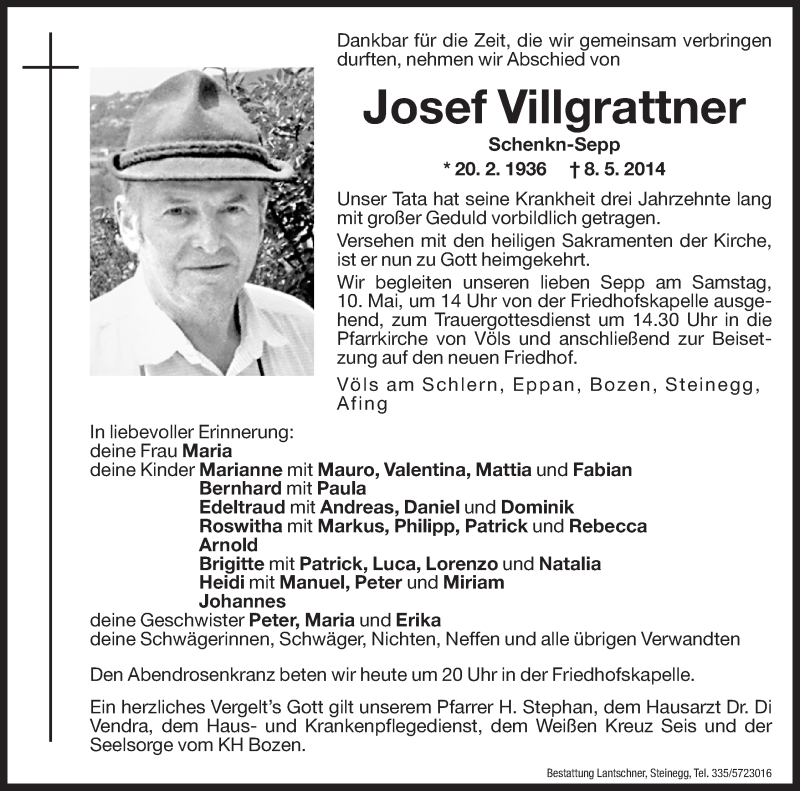  Traueranzeige für Josef Villgrattner vom 09.05.2014 aus Dolomiten