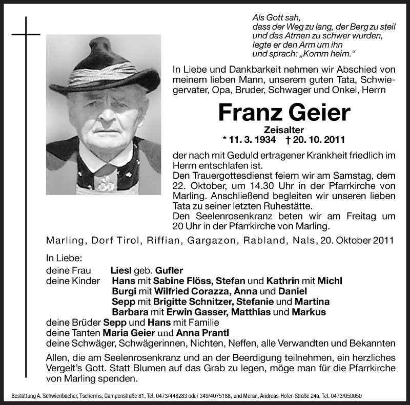  Traueranzeige für Franz Geier vom 21.10.2011 aus Dolomiten