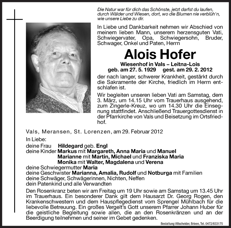  Traueranzeige für Alois Hofer vom 02.03.2012 aus Dolomiten