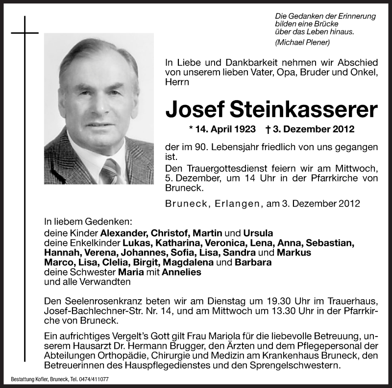  Traueranzeige für Josef Steinkasserer vom 04.12.2012 aus Dolomiten