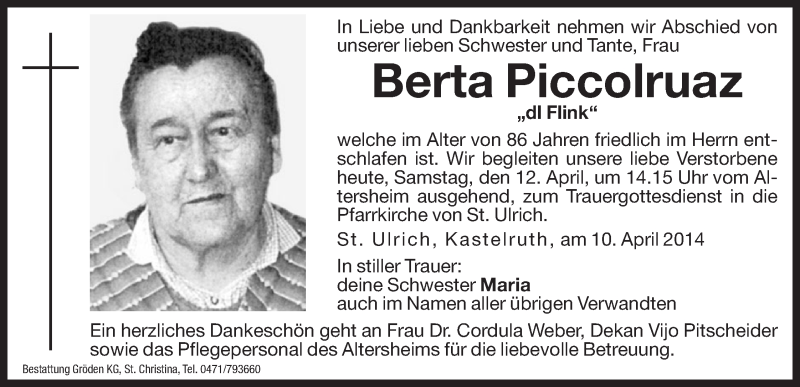  Traueranzeige für Berta Piccolruaz vom 12.04.2014 aus Dolomiten